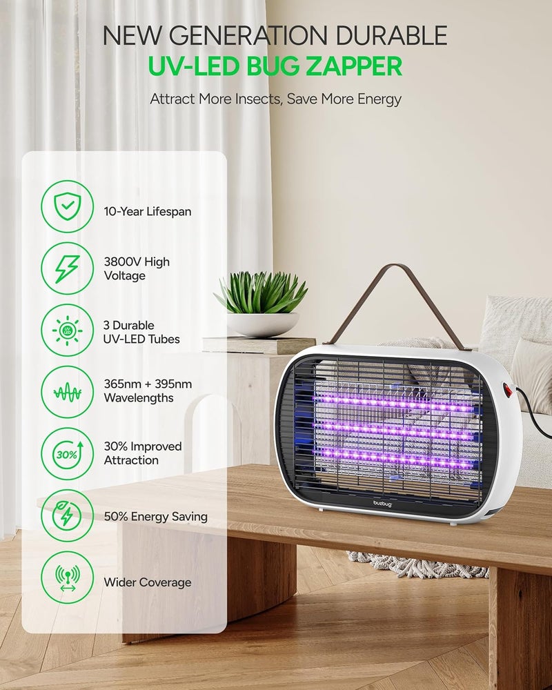 Buzbug Upgraded LED Bug Zapper Indoor, LED Bulbs Up to 50,000 Hours, 3 Lamps Sustainable Less Power, 3800V Powerful Electric Mosquito Zapper, Fly Trap Mosquito Trap, Fly Killer Fly Zapper - Image 2
